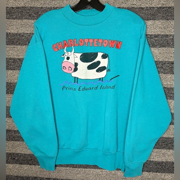 Fruit of the Loom Other - Vintage 90’s Fruit of the Loom Teal Charlottetown PEI Cow Crewneck Sweatshirt L